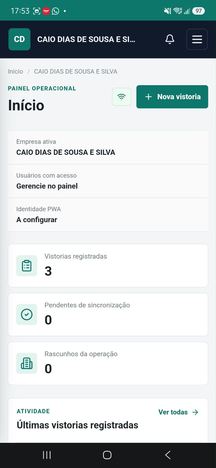 Painel operacional do app, com vistorias registradas, pendências de sincronização e atividade recente