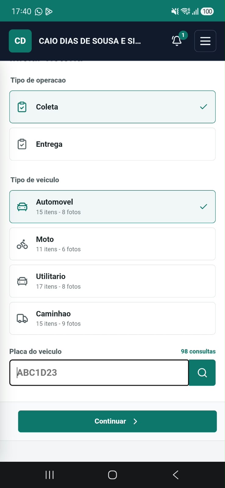 Tela de nova vistoria com seleção do tipo de operação, tipo de veículo e consulta de placa