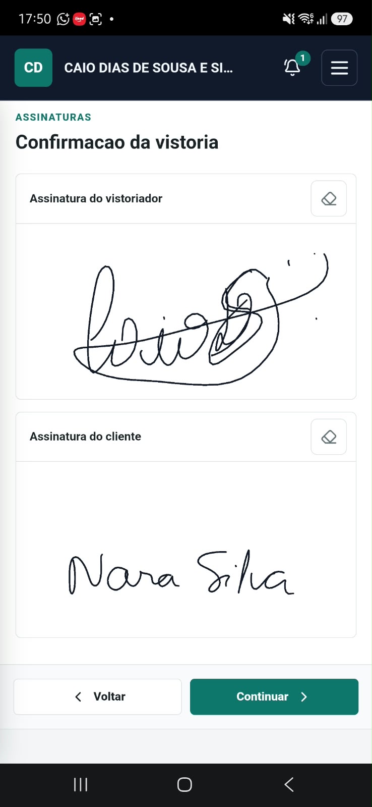 Tela de confirmação da vistoria com assinatura do vistoriador e do cliente