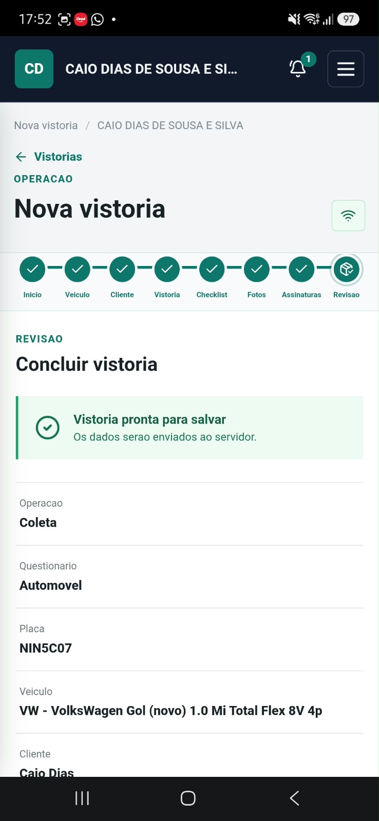 Tela de revisão final antes de concluir e sincronizar a vistoria