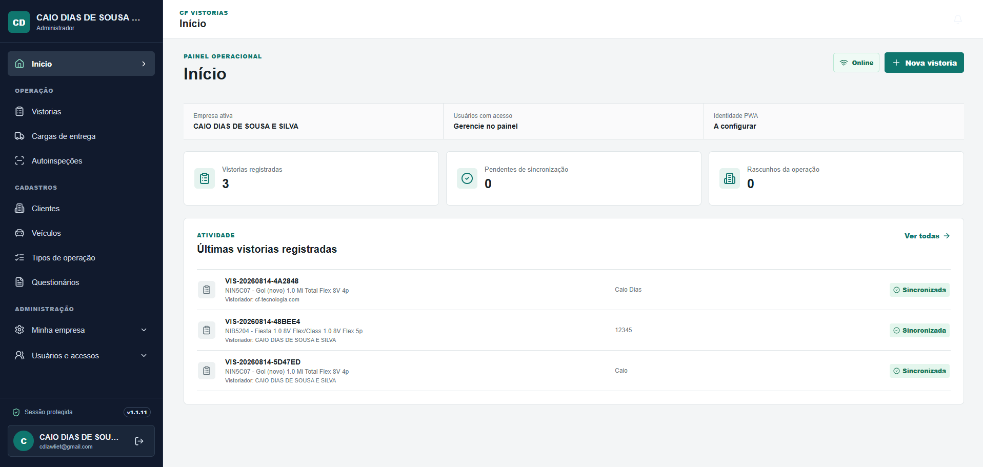 Dashboard administrativo com vistorias registradas, pendências e últimas vistorias sincronizadas