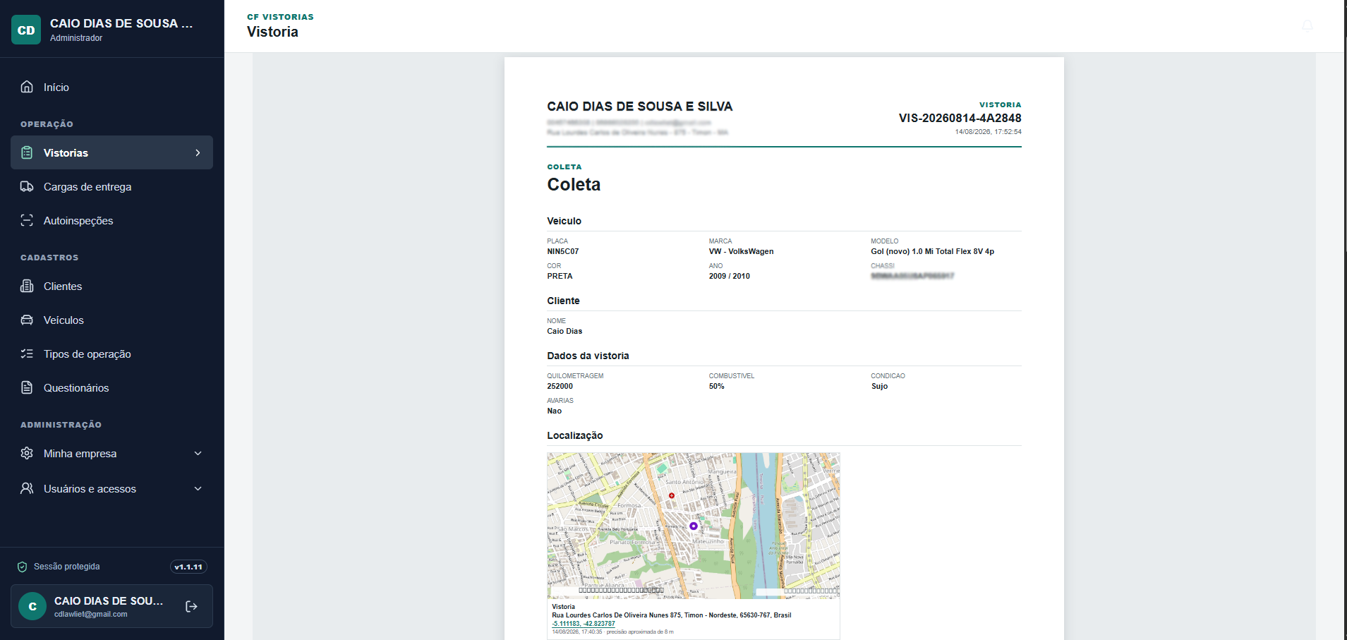 Relatório de vistoria em formato de documento, com dados do veículo, cliente e localização em mapa