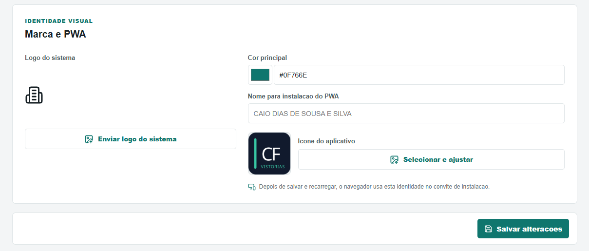 Configuração de identidade visual do PWA: logo, cor principal e ícone do aplicativo