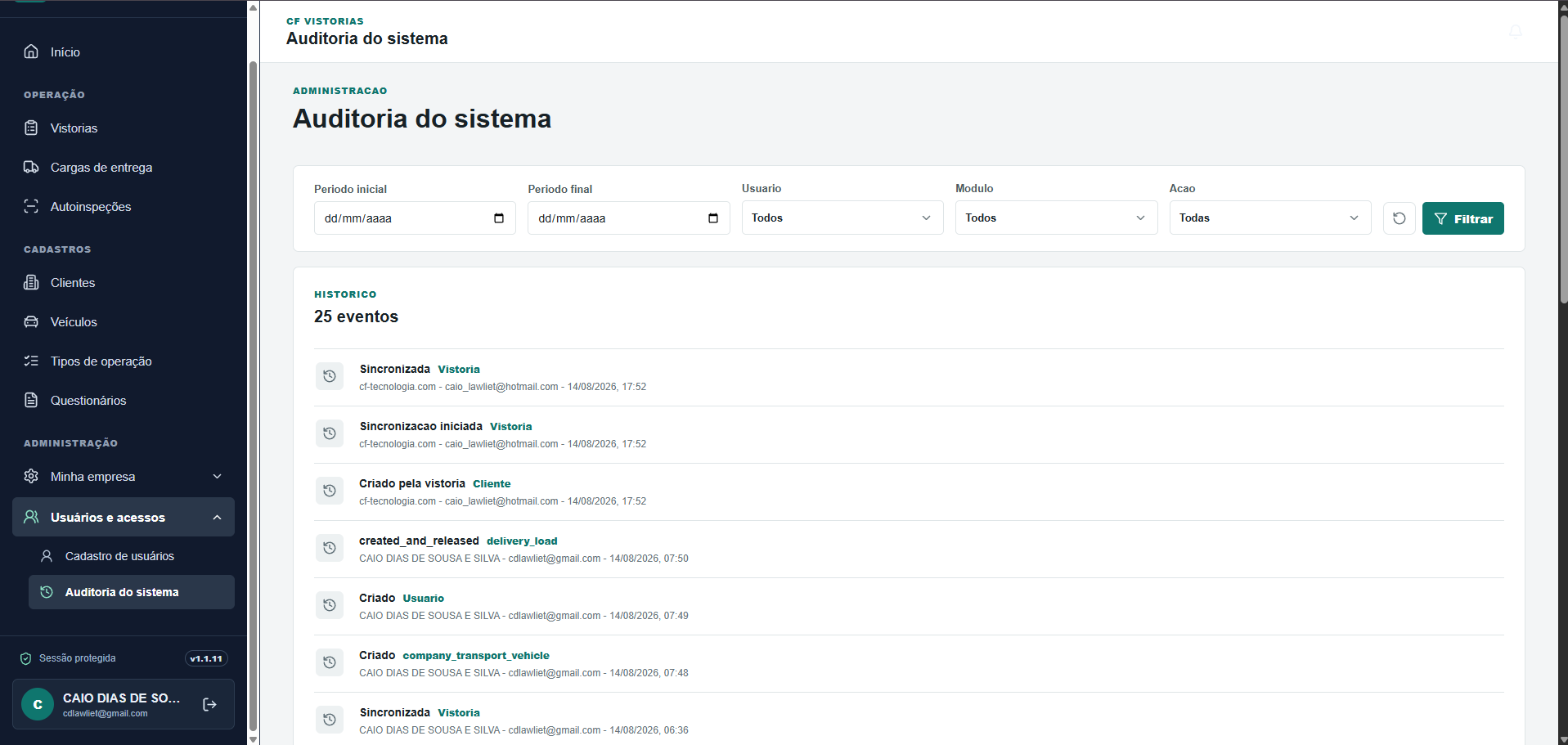Tela de auditoria do sistema com histórico de eventos por usuário, módulo e ação